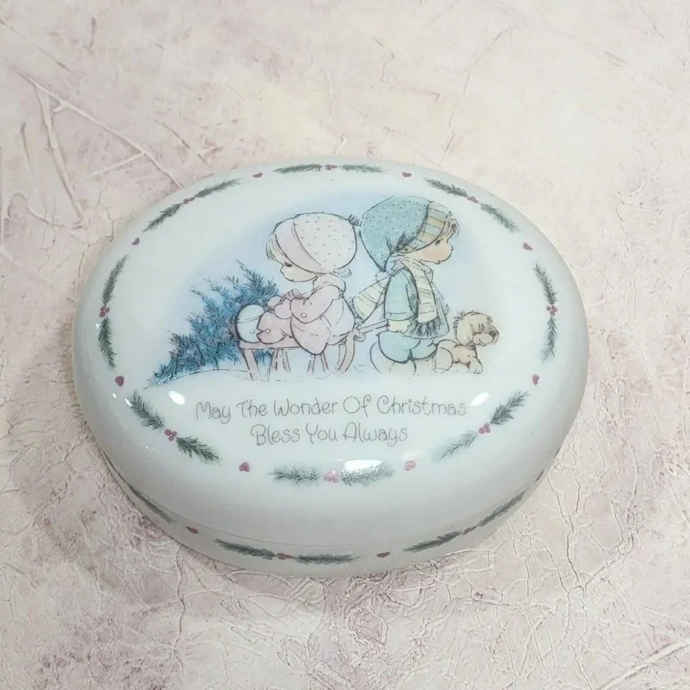 Vintage‎ Enesco 1986 Precious Moments Oval Christmas Covered Trinket Dish